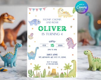 Sjabloon voor bewerkbare dinosaurusverjaardagsuitnodiging, Dino Four Party Invite, afdrukbare Canva Instant Download