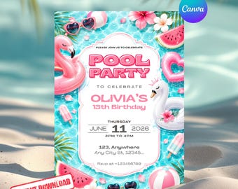 Invitación de cumpleaños con temática de fiesta en la piscina, invitación de verano con flamencos para fiestas en la piscina para niñas, plantilla editable de Canva.