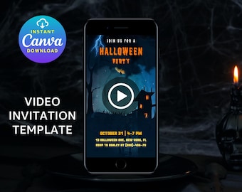 Scary Halloween Party Video Invitation | Editable Canva Invite | Gothic Haunted House Digital Invitation