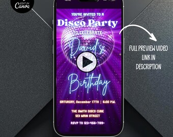 Geanimeerde disco-verjaardagsuitnodiging, canva bewerkbare video-uitnodiging, neon discobal themasjabloon