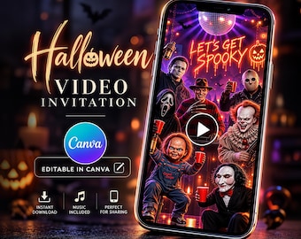 Horror Movie Halloween Party Video Invitation, Scary Halloween Costume Party, Adult Halloween Movie Party, Editable Canva Invite