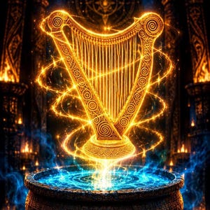 May include: A golden harp with intricate spiral carvings and vertical strings, suspended above a dark stone basin filled with glowing blue liquid. The harp is surrounded by swirling golden light energy, creating a bright, luminous effect.