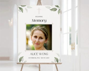 Green Leaf Funeral Welcome Sign: In Loving Memory Memorial (Canva Template - Digital Download