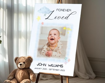 Baby Memorial Welcome Sign: Soft Blue Stars, Clouds (Canva Template - Digital Download