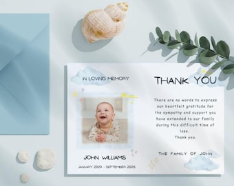 Child Funeral Thank You Card: Stars & Clouds Memorial (Canva Template - Instant Download)