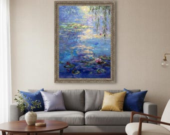 Original Impressionist Water Lily Oil Painting,Large Monet Inspired Floral Wall Art,Serene Pond Landscape with Weeping Willow,Textured Decor