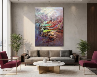 Original Hand-Painted Abstract Landscape Oil Painting, Large Rugged Canyon Mountain Pass Wall Art, Colorful Impasto Nature Decor for Office