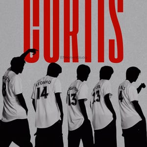 May include: Poster with the name "CORTIS" in large red letters. Five silhouetted figures in white baseball jerseys with names and numbers stand in front of a gray background. Names at the top include MARTIN, KEONHO, SEONGHYEON, JUHOON, and JAMES.