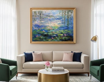 Original Impressionist Water Lily Pond Oil Painting,Hand-Painted Monet Style Impasto Wall Art,Serene Garden Landscape Decor for Living Room