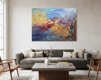 Original Abstract Coastal Oil Painting,Large Modern Expressionist Wall Art,Textured Sunset Seascape,Ocean Nature Decor for Living Room