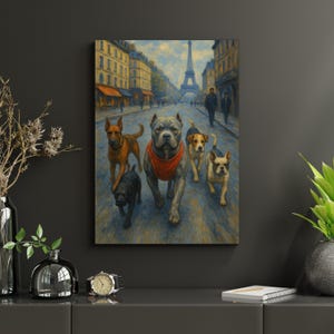 Parisian Dog Squad – Framed Digital Art Print of Dogs Walking by the Eiffel Tower