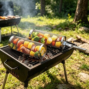 May include: Two cylindrical stainless steel wire mesh grilling baskets filled with assorted vegetables including corn, broccoli, and carrots, resting on a black charcoal grill grate. Each basket features a long metal handle for easy rotation.