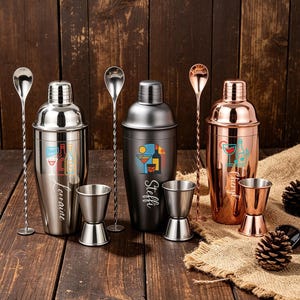 May include: A collection of cocktail-making tools, including stainless steel and copper-colored cocktail shakers, measuring jiggers, and bar spoons. The shakers have personalized names and colorful cocktail-themed graphics. The items are arranged on a wooden surface.