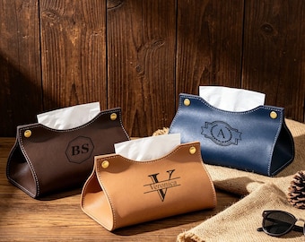 Personalized Leather Tissue Box Cover, Custom Logo Tissue Holder, Engraved Home Decor, Unique Housewarming Gift