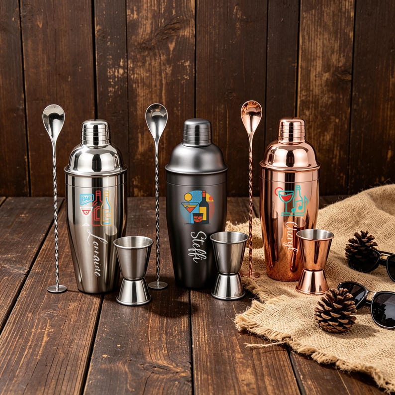 May include: A collection of cocktail-making tools, including stainless steel and copper-colored cocktail shakers, measuring jiggers, and bar spoons. The shakers have personalized names and colorful cocktail-themed graphics. The items are arranged on a wooden surface.