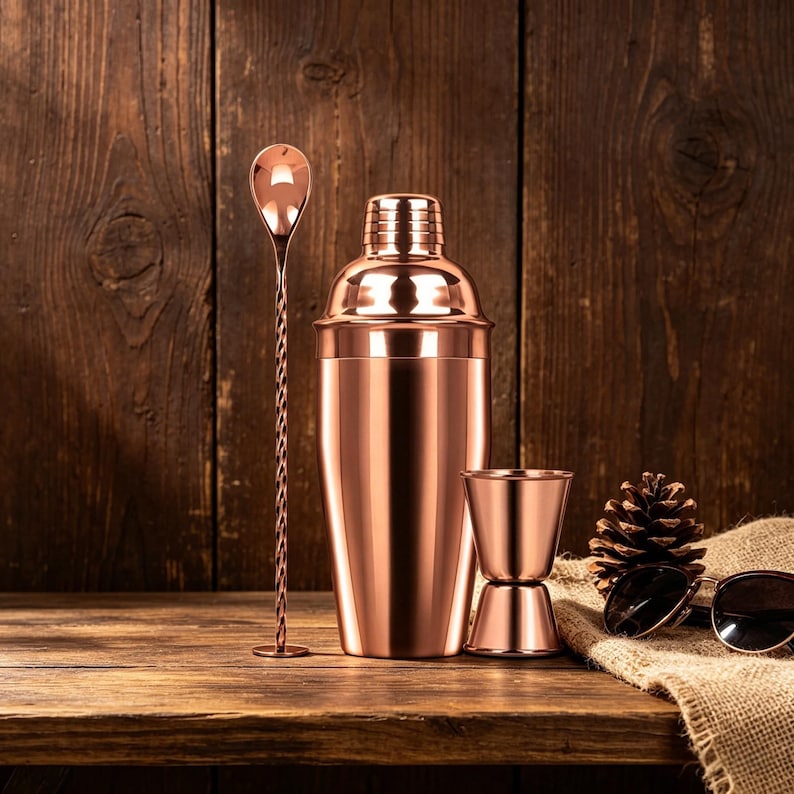 May include: A copper-colored cocktail shaker set with a bar spoon and a double jigger. The set is displayed on a wooden surface with a wooden background. A pinecone and sunglasses are also present.