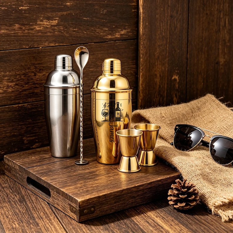 May include: A stainless steel cocktail shaker and a gold-colored cocktail shaker with a spoon, two jiggers, and sunglasses on a wooden tray. The gold shaker has a design and the name "James" on it. A pinecone sits on the tray.