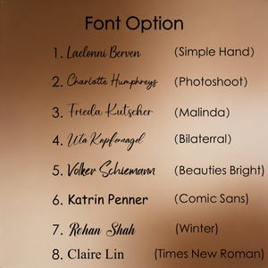 May include: A list of font options is displayed on a gradient brown background. The text "Font Option" is at the top. Eight font choices are listed with names and font style descriptions, including "Simple Hand" and "Comic Sans."