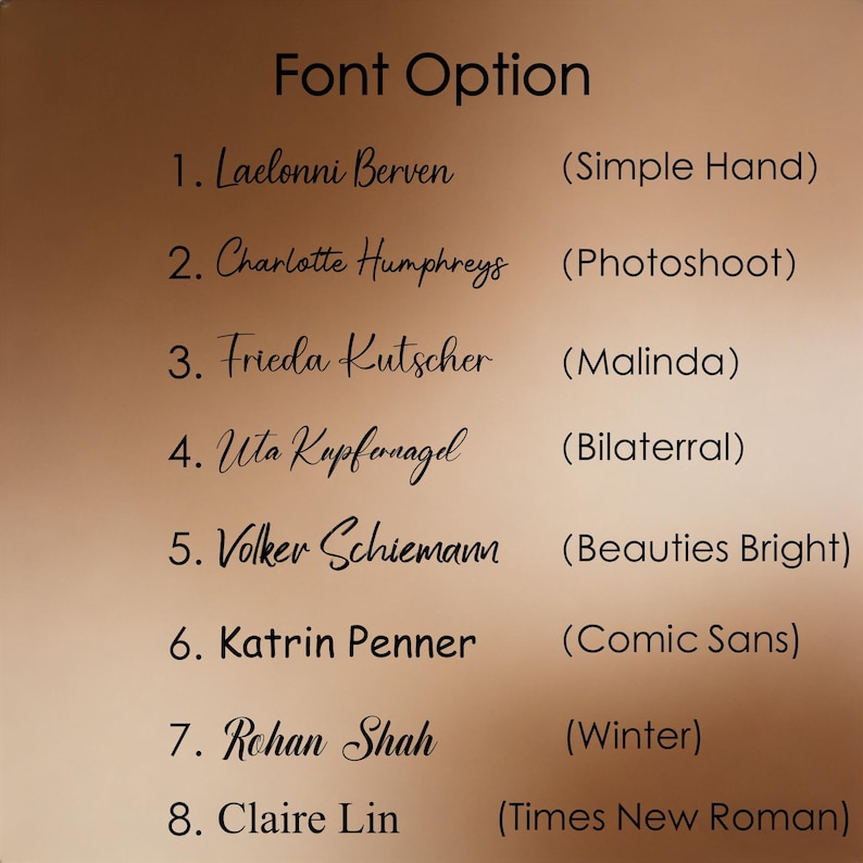 May include: A list of font options is displayed on a gradient brown background. The text "Font Option" is at the top. Eight font choices are listed with names and font style descriptions, including "Simple Hand" and "Comic Sans."
