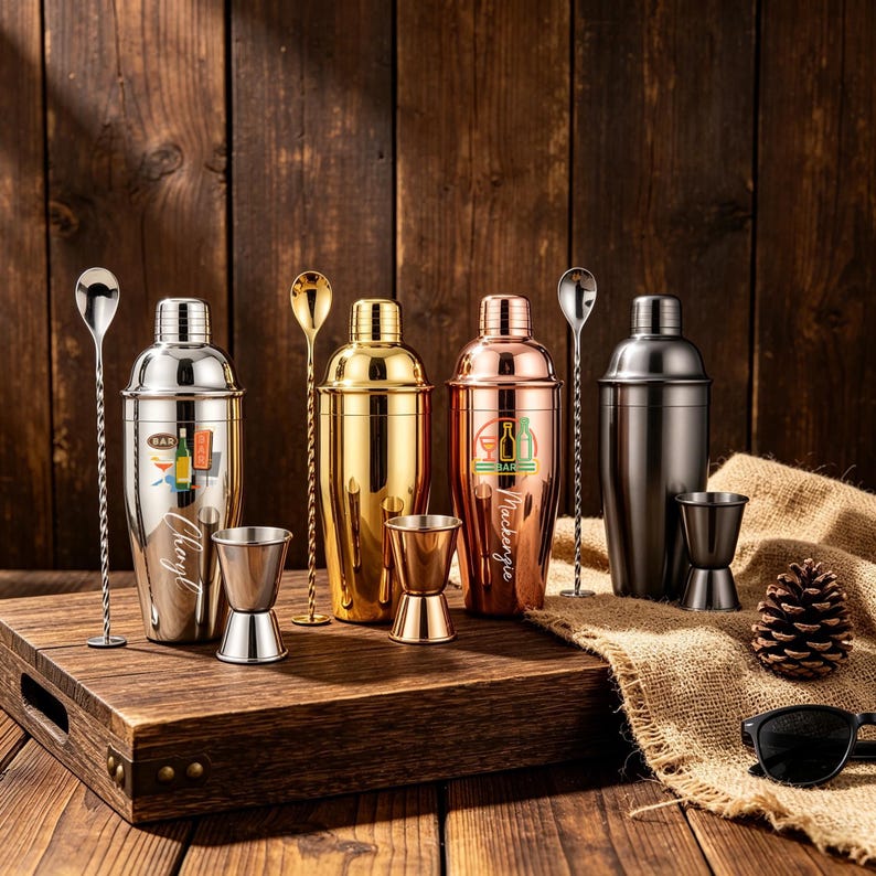 May include: A collection of cocktail-making tools, including silver, gold, and copper-colored shakers, measuring jiggers, and bar spoons. The shakers have printed labels. The items are arranged on a wooden tray against a wood-paneled backdrop.