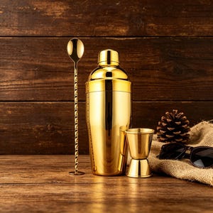 May include: A gold-colored cocktail shaker set with a bar spoon and a double jigger. The set is on a wooden surface with a wooden background. A pine cone and sunglasses are also present.
