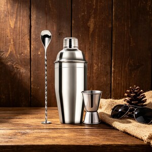 May include: A stainless steel cocktail shaker set with a mixing spoon, jigger, and sunglasses on a wooden surface. The shaker is cylindrical with a cap. The jigger is a double-sided measuring tool. A pinecone rests on a burlap cloth.