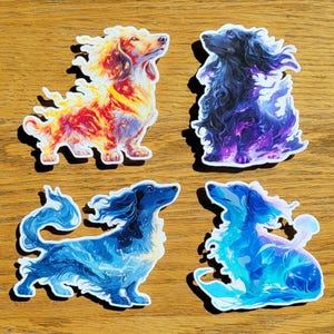 May include: Four dachshund stickers with stylized designs. One is fiery orange and yellow, another is dark purple and black, a third is blue with a starry pattern, and the last is light blue with a jellyfish.