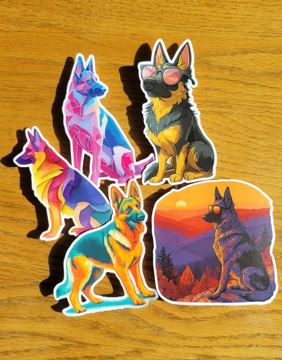 German Shepherd Sticker Pack – Colorful Dog Art, Laptop Decals (5-Pack)