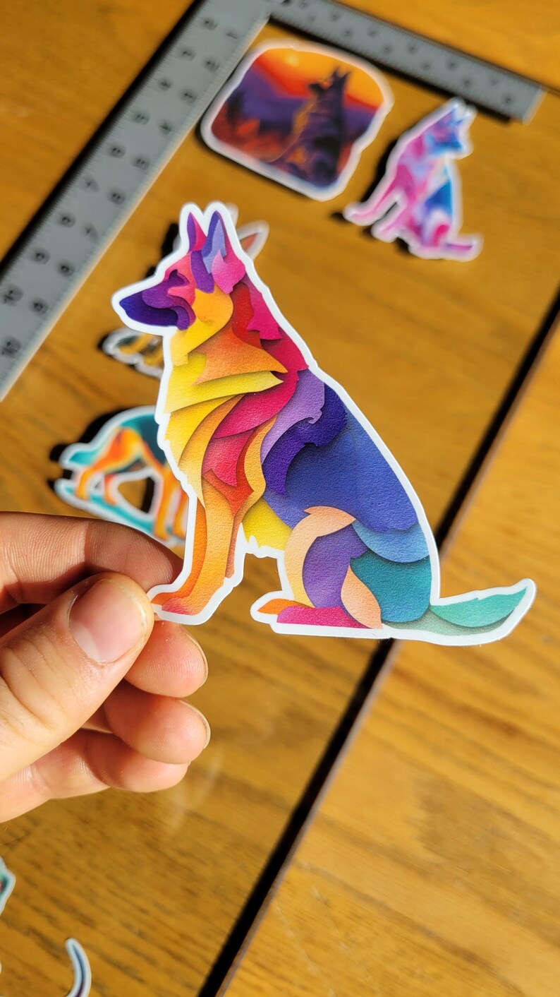 May include: A colorful sticker of a German Shepherd dog in a sitting position. The dog is depicted with layered, abstract shapes in shades of yellow, orange, pink, purple, and blue. Other dog-themed stickers are visible in the background.