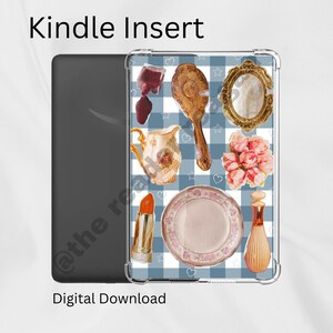 May include: Kindle Insert digital download featuring a blue and white checkered pattern with watercolor illustrations of a spoon, mirror, flowers, lipstick, plate, and perfume bottle. The text "Kindle Insert" and "Digital Download" are visible.
