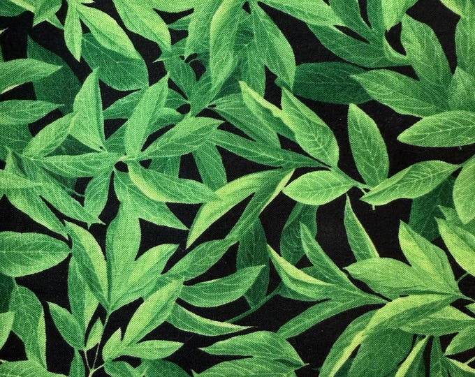 Green Leaf Cotton Fabric Botanical Leaves Fabric Black Background Nature Fabric by the 1/2 Yard Quilting Cotton Sewing Craft Fabric