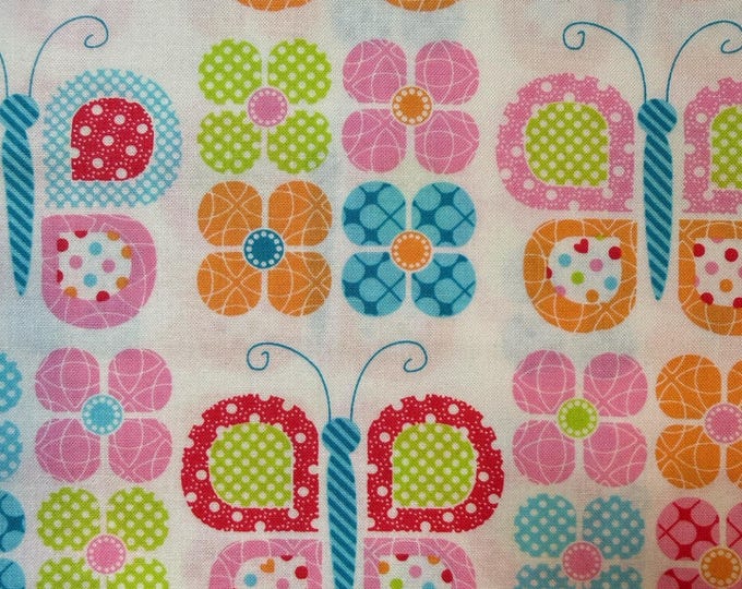Colorful Butterfly Floral Cotton Fabric – Retro Bright Quilt Fabric – Pink Blue Orange – By the Half Yard