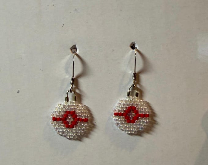 Handmade Monster Ball Inspired Beaded Earrings | Seed Bead Dangle Earrings | Gamer Inspired Jewelry | Lightweight Beadwork Earrings | Anime