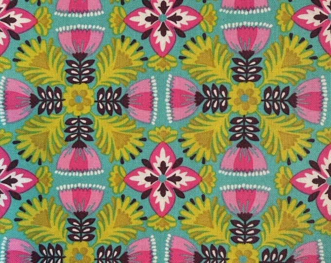 Maude Asbury Lottie Fabric by Blend – Teal Pink Floral Geometric Cotton – Quilting Fabric by the Half Yard