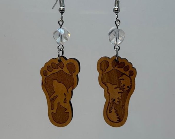 Carved Wood Sasquatch Footprint Earrings with Glass Beads