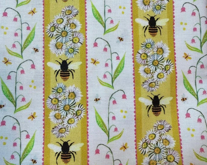 Benartex All About Daisies Bee Stripe Fabric – Daisy Floral Border Stripe Cotton – Bee Fabric Quilting Fabric by the Half Yard