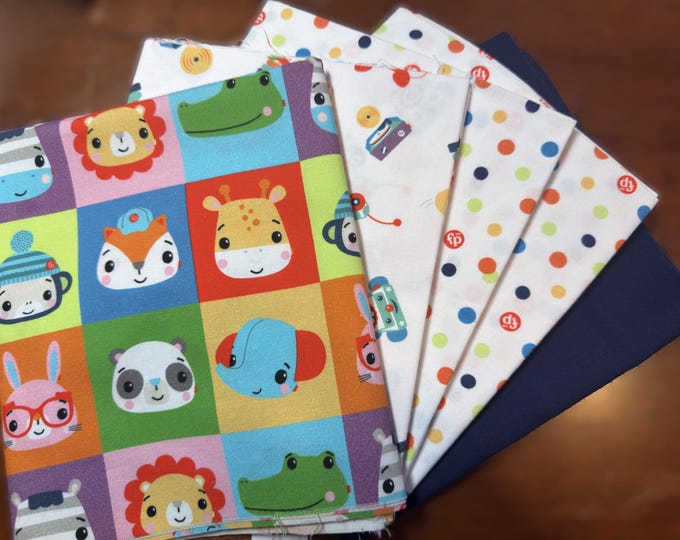 Baby Fabric Bundle 5 Pack – 1/2 Yard Each, Animal Block Cotton, Toy Print, Polka Dot Fabric, Navy Solid, Nursery Quilt Fabric Set