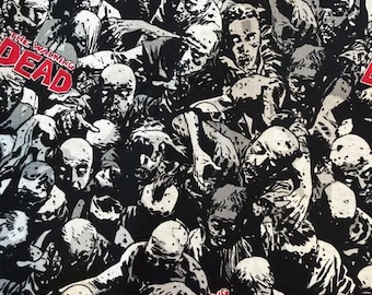 Tela con caras de zombi – Springs Creative – Algodón para acolchado de terror – 111 cm de ancho – Estampado de zombi estilo The Walking Dead – Se vende por 1/2 yarda