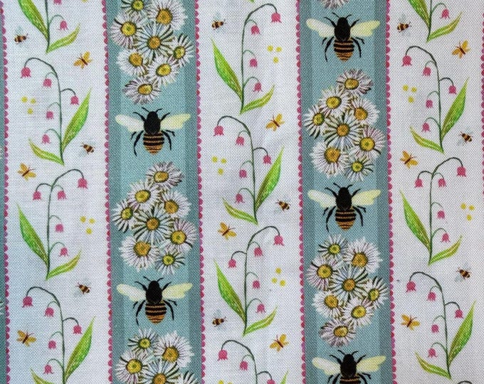 Benartex A Wildflower Heart Stripe Fabric – Katie Daisy Bee Daisy Border Stripe Cotton – Blue Floral Quilting Fabric by the Half Yard