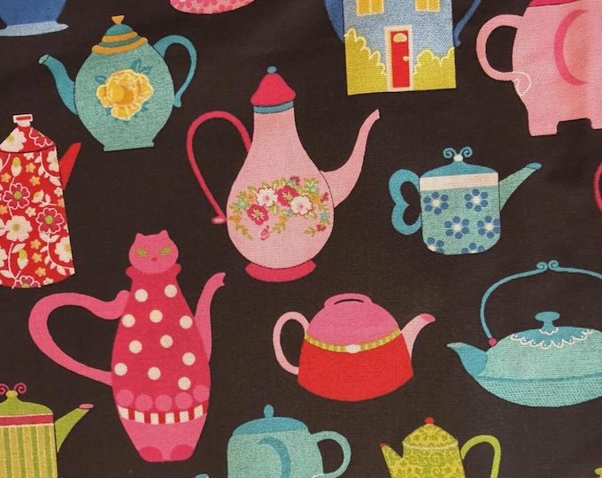 Fabric Traditions Whimsical Tea Party Cotton Fabric – Colorful Teapots on Black – By the 1/2 Yard