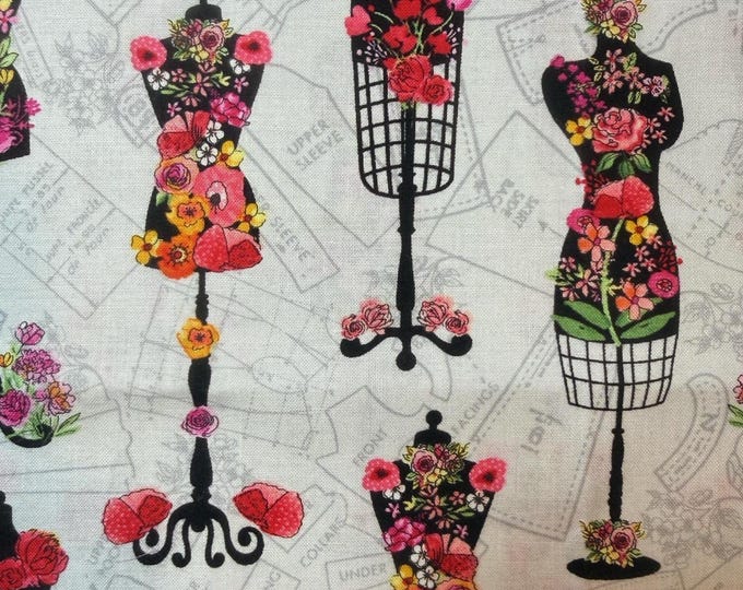 Dress Form Fabric Sewing Theme Fabric Mannequin Floral Cotton Fabric Seamstress Quilting Fabric Fashion Fabric by the Half Yard