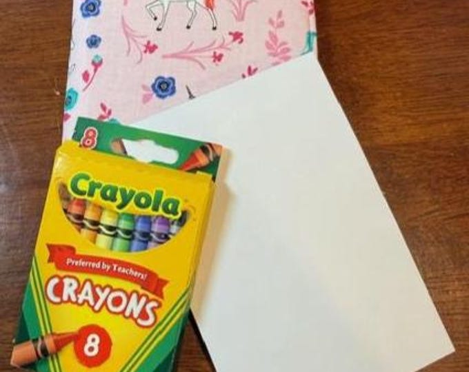 Kids Travel Coloring & Drawing Kit – Handmade Fabric Activity Pouch – Portable Art Set with Notebook and Crayons
