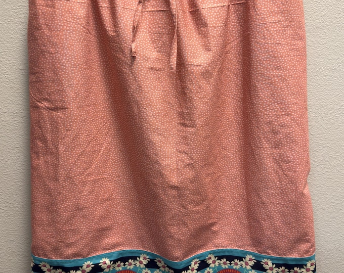 Handmade Elastic/Drawstring Waist Skirt,  Adjustable Fit up to 56” Waist, Peach Cotton Skirt with Floral Border Panel,  Modest Midi Skirt