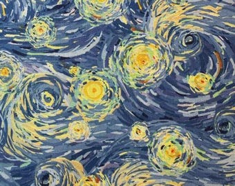 Tela Van Gogh Noche Estrellada – Algodón acolchado con remolinos en azul y amarillo – Calicó de recuerdo – 111 cm de ancho – Tela artística – Se vende por 1/2 yarda