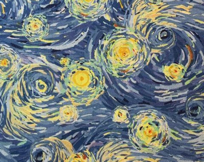 Van Gogh Starry Night Fabric – Blue Yellow Swirl Quilting Cotton – Keepsake Calico – 44″ Wide – Art Fabric – Sold by 1/2 Yard