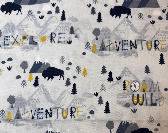 Roam Wild Adventure Fabric – Buffalo Mountain Cotton Fabric, Explore Adventure Fabric, Camping Nursery Fabric, Wilderness Fabric Half Yard