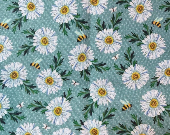 Benartex A Wildflower Heart Fabric – Katie Daisy Teal Daisy Bee Cotton – Floral Quilting Fabric by the Half Yard