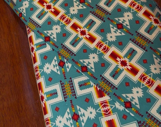 Turquoise Tucson Fabric by Elizabeth Studios – Southwest Aztec Cotton Fabric – Ribbon Skirt Fabric – Sold by 1/2 Yard Continuous Cut