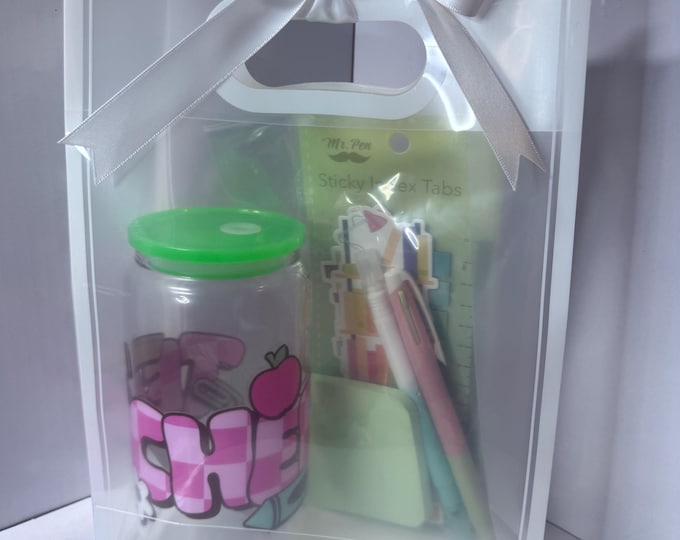 Cute Gift Tumbler Set | Glass Cup with UV DTF Design | Acrylic Lid & Glass Straw | Matching Stationery Gift Set