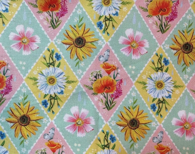 Benartex A Wildflower Heart Fabric – Katie Daisy Patchwork Floral Cotton – Diamond Quilt Print Spring Fabric by the Half Yard